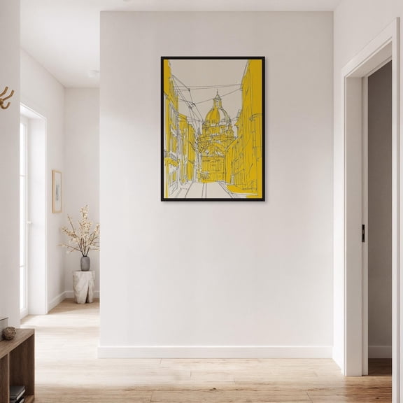 Yellow City Wall Art, Hand Drawn Architectural Street Decor, Unframed Paper Print Size 8x12