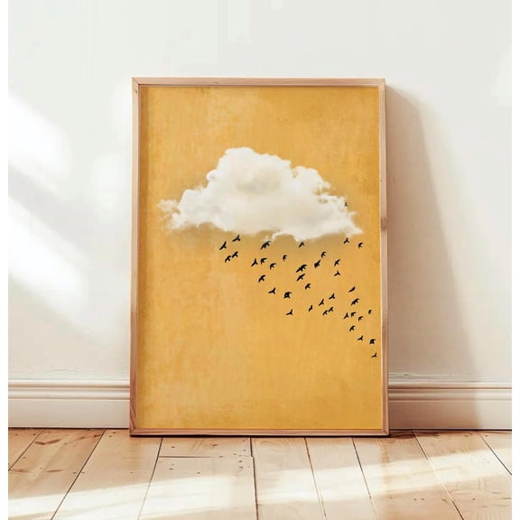Yellow Cloud Birds Poster, Unframed Paper Poster 8x10in