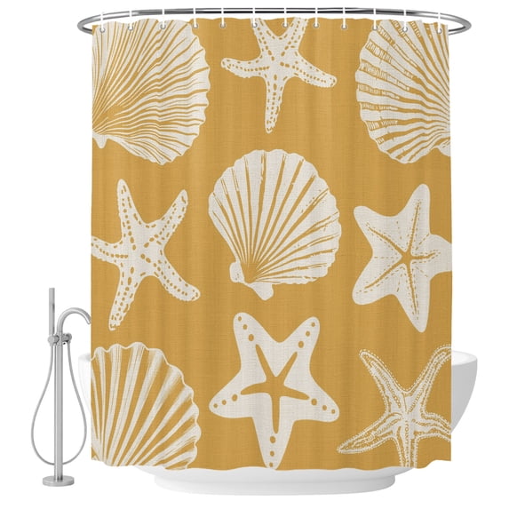 Yellow Coastal Shower Curtain for Bathroom, Starfish Shell Ocean Nautical Waterproof Cloth Fabric Bathroom Accessories Set with 12 Rust Proof Plastic Hooks, 72"x96"