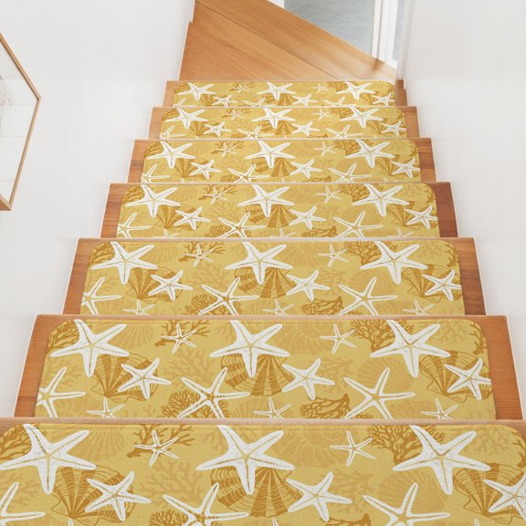 Yellow Coastal Starfish Stair Treads Non Slip for Steps Sea Shell Coral Summer Beach 10 Pcs Reusable Adhesive Stair Runner Mats for Dogs Elders Carpet Treads Rugs for Staircase 8x30 In