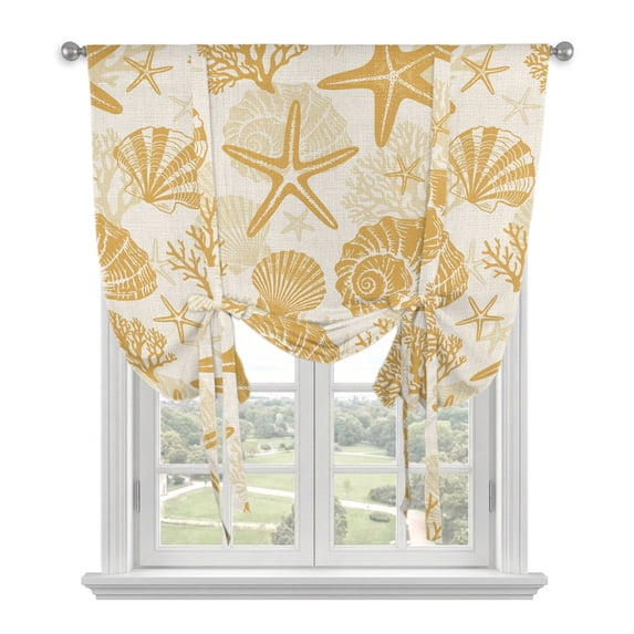 Yellow Coastal Summer Tie Up Curtains for Kitchen Windows,Adjustable Rod Pocket Valance 54 Inch Long, Coral Shell Starfish Vintage Window Treatment Balloon Roman Blind Shade, 42" x 54"