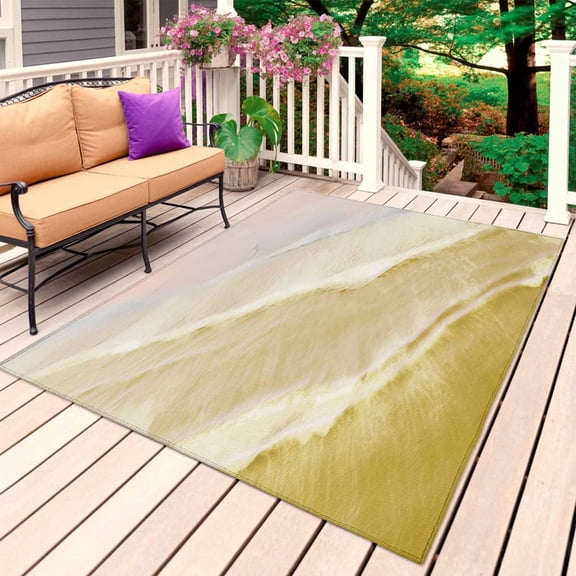 Yellow Coastal Wave Outdoor Rug for Patio/Deck/Porch, Non-Slip Large Area Rug 3 x 5 Ft, Summer Modern Ocean Beach Indoor Outdoor Rugs Washable Area Rugs, Reversible Camping Rug Carpet Runner