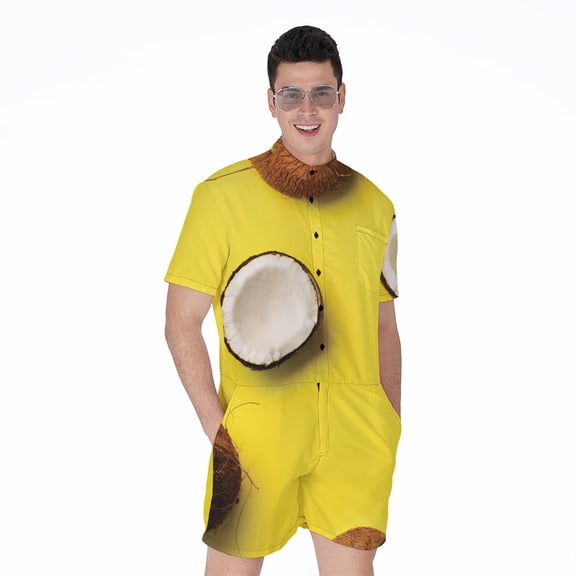 Yellow Coconut Pattern Short Sleeve Men'S Rompers, Coconut Fruits Tropical Hawaiian Casual Summer Jumpsuits Outfit