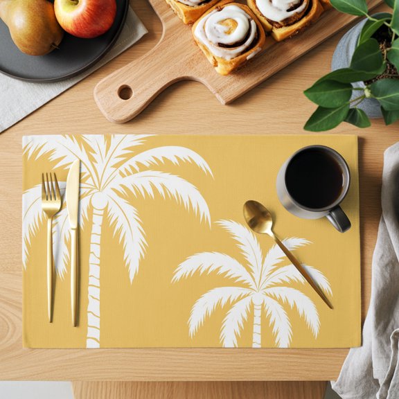 Yellow Coconut Tree Placemats Set of 12, Summer Coastal Tropical Minimalist Palm Tree Non-Slip Place Mats Washable Table Mats for Kitchen Dining Table Decorations Indoor/Outdoor