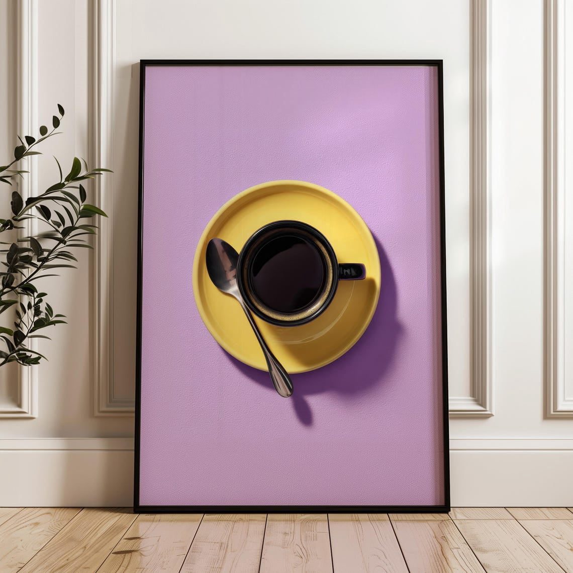 Yellow Coffee Cup Wall Art Print, Purple Background Cafe Decor ...