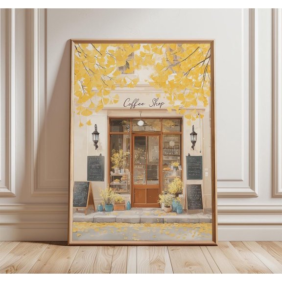 Yellow Coffee Shop Autumn Parisian Cafe Wall Art Print