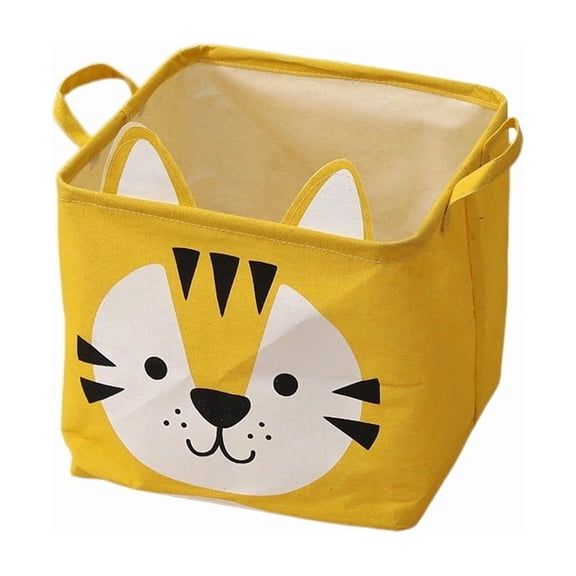 Yellow Collapsible Storage Basket With Handle Cute Cartoon Animal Linen Cotton Bin For Home Organizing