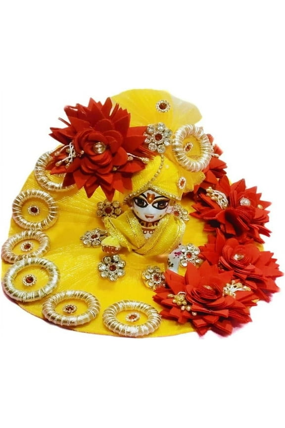 Yellow Color Ladoo Gopal Dress with Flower Design Net Fabric and Satin Made Traditional Indian Gift for Krishna ji Janmashtmi Decor