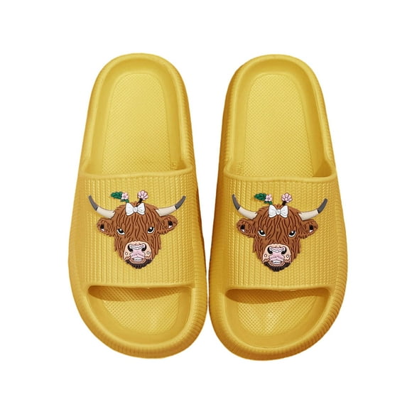 Yellow Comfort-Focused Slippers With Cattle Print And Non-Slip Design For Safe Indoor Use