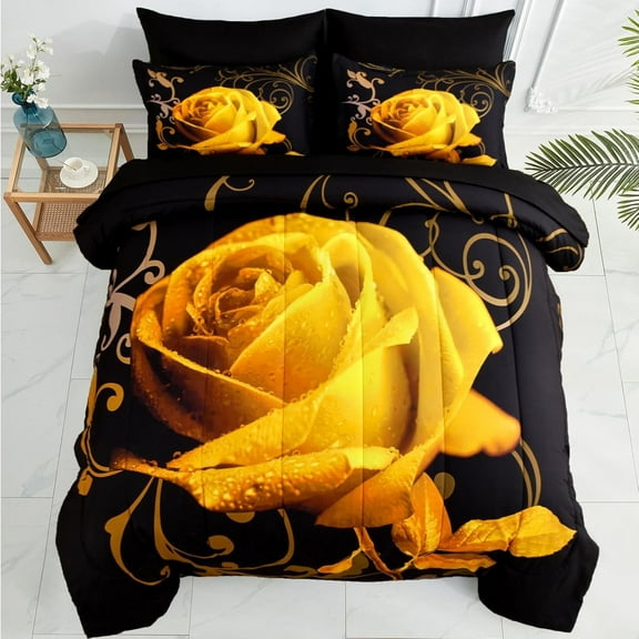 Yellow Rose King Size Comforter Set Bed in a Bag Bedding Set 7Pcs Adult(90"X104")