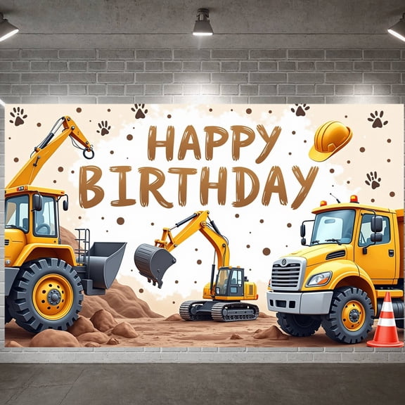Yellow Construction Banner Truck Design Excavator Party Background Machinery Pattern Heavy Vehicle Construction Truck Background for Kids Birthday Party Boys Celebration Indoor Decoration