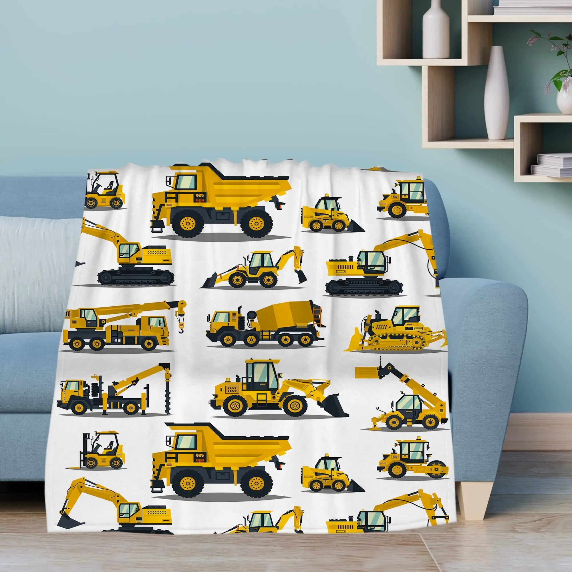 Yellow Construction Truck Blanket Cartoon Tractor Cars Flannel Throw Blankets for All Season