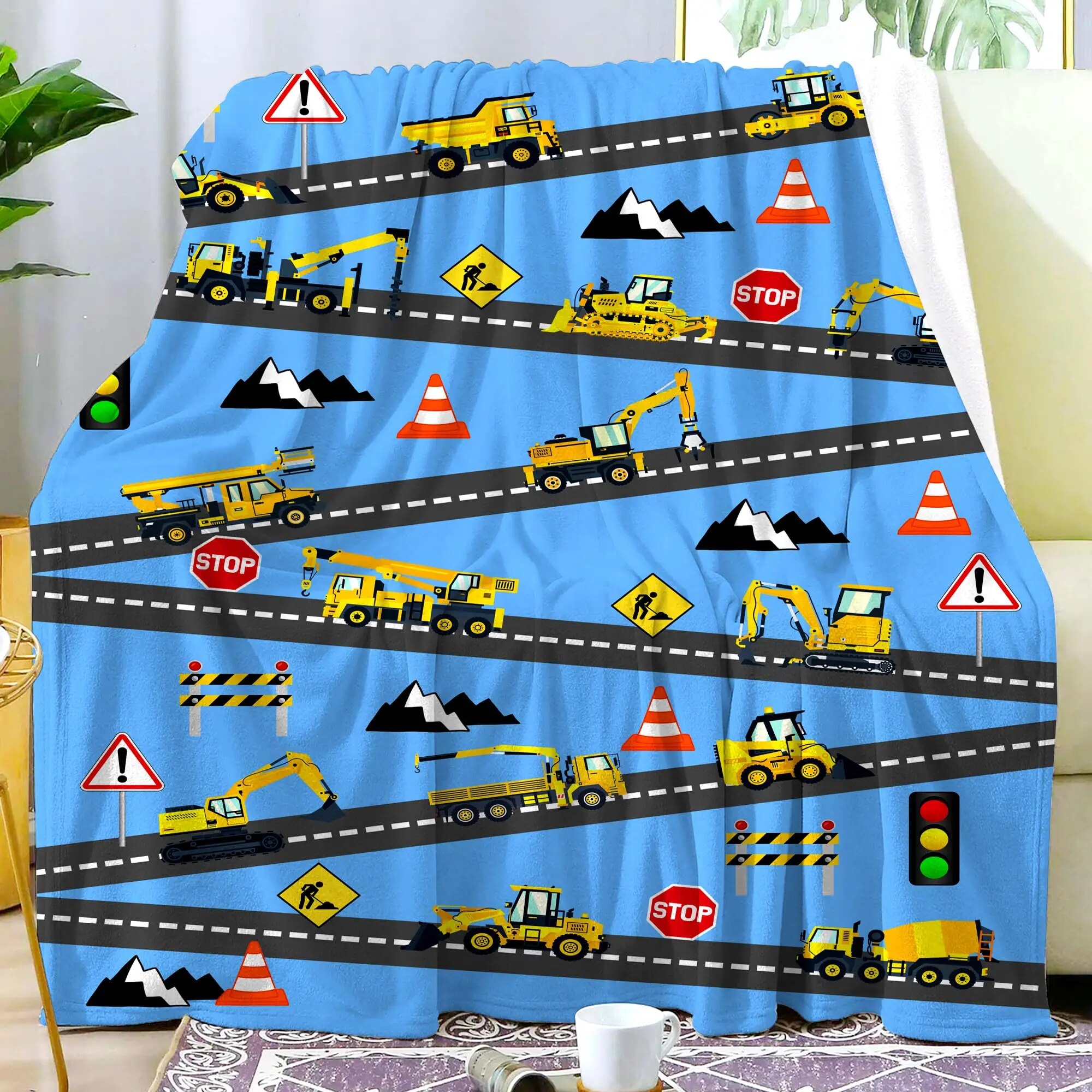 Yellow Construction Truck Blanket Cartoon Tractor Cars Flannel Throw Blankets for All Season