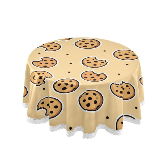 Yellow Cookie Pattern Round Lace Tablecloth 60 Inch Polyester Wrinkle Resistant Decorative