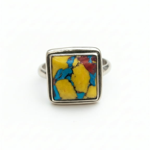 Yellow Copper Turquoise Statement Ring, 925 Sterling Silver, Handcrafted Cushion Cut Gemstone Ring