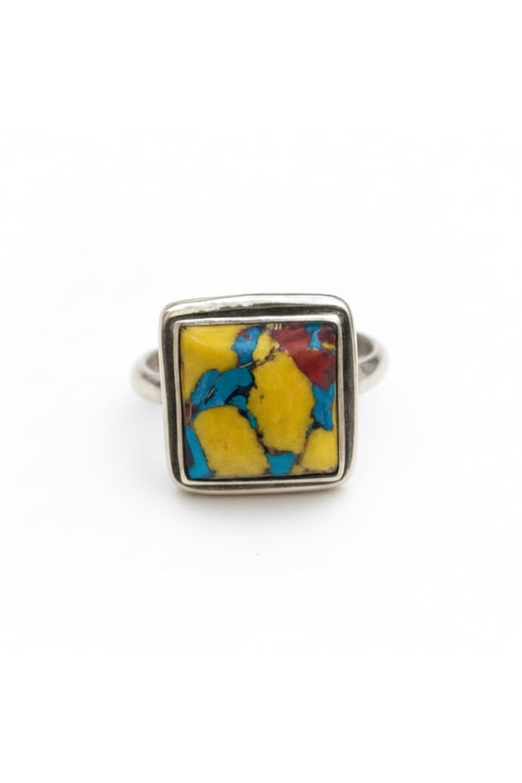 Yellow Copper Turquoise Statement Ring, 925 Sterling Silver, Handcrafted Cushion Cut Gemstone Ring