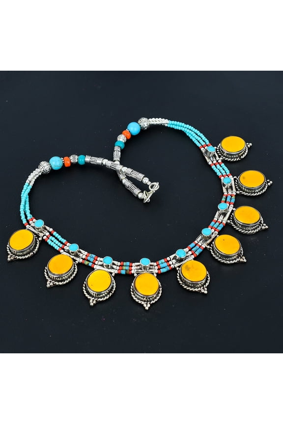 Yellow Coral Turquoise 925 Sterling Silver Nepali Tibetan Necklace 18" VJ 6525
