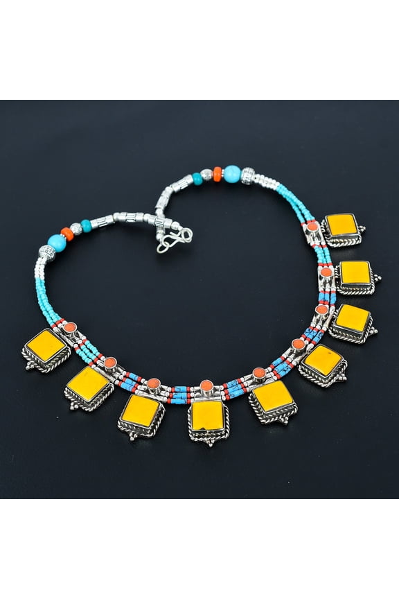 Yellow Coral Turquoise 925 Sterling Silver Tibetan Boho Nepali Necklace 18" VJ34