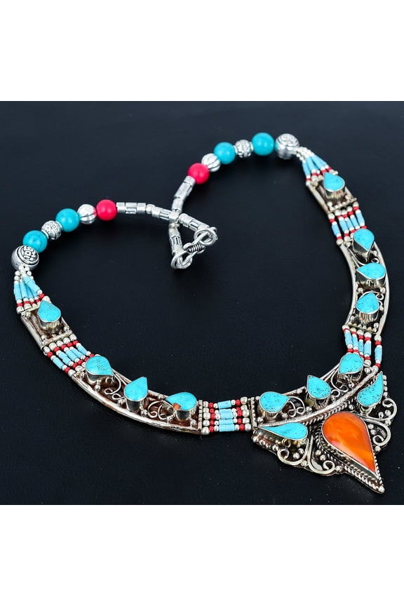 Yellow Coral Turquoise 925 Sterling Silver Tibetan Nepali Necklace 18" VJ 6986