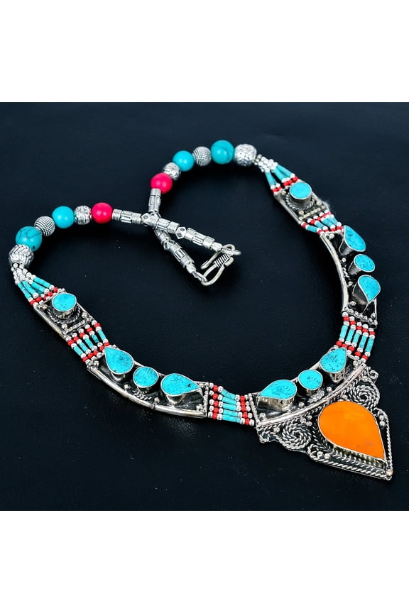 Yellow Coral Turquoise Handmade 925 Sterling Silver Nepali Necklace 18" VJ 6862