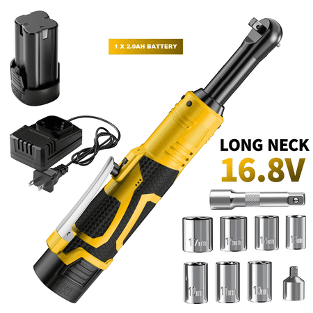 Yellow Cordless Electric Rachet Wrench Set, Ergonomic Grip, Variable Speed Trigger,1 Lithium-Ion Batteries, 7 Sockets, with Extension Bar And Adapter, for Car Repair, Home, Automotive Maintenance