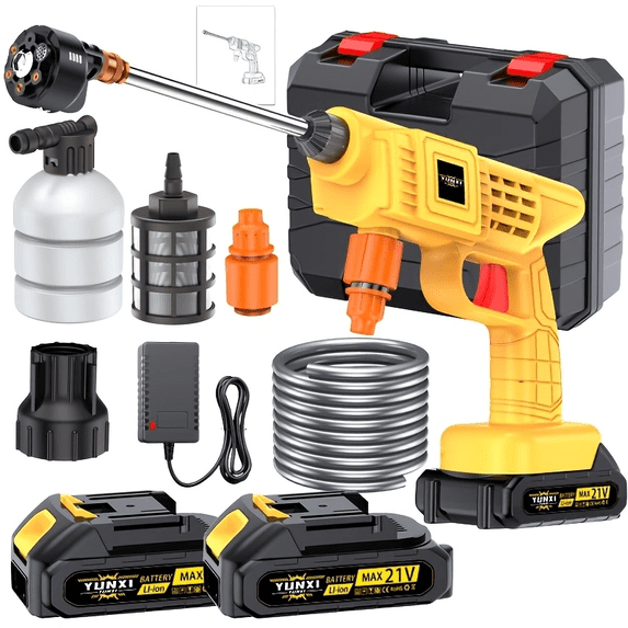 Yellow Cordless Pressure Washer with 2 Lithium Batteries, Portable High-Pressure Cleaning Tool for Car Garden Outdoor Use