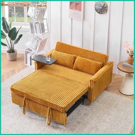 Yellow Corduroy 2-Seat Pull-Out Sofa Bed with Movable Tabletop & USB Ports - Ideal for Living Room & Bedroom