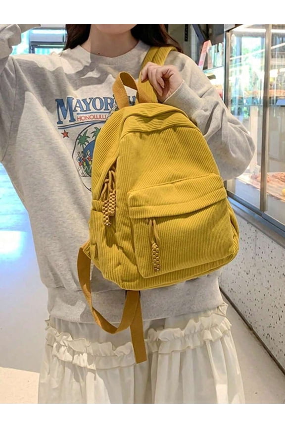 Yellow Corduroy Mini Backpack With Braided Drawstring And Front Pocket