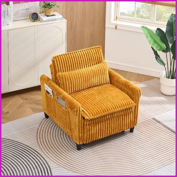 Yellow Corduroy Single Sofa with Pillow - Compact Comfort for Small Apartments, Bedrooms & Balconies