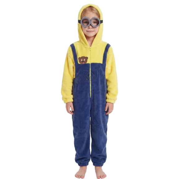 Yellow Costume Plush Jumpsuit with Goggles, Hooded Fleece Onesie Cosplay Set for Halloween Theme Party