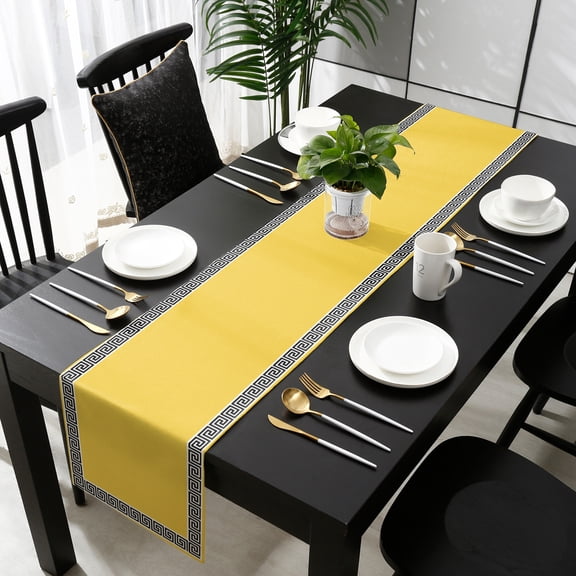 Yellow Cotton Linen Table Runner 13 x 90 inch Black White Modern Geometric Abstract Art Non-slip Rectangular Dining Table Decor for Wedding Party Holiday Dinner