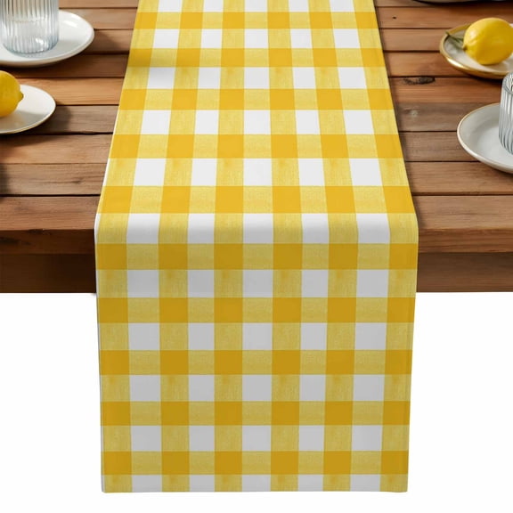 Yellow Cotton Linen Table Runner for Dining Kitchen, Country French Rustic Buffalo Plaid Modern Art Wedding Outdoor Party Tablerunners Decoration, Dresser Scarf Coffee Tablecloth Runners 13x36 Inches