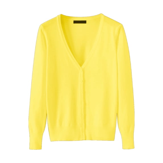 Yellow Cotton Wide Neck Women's Cardigan, Women's Lightweight V Neck Cardigan Sweater (Available In Plus Size)