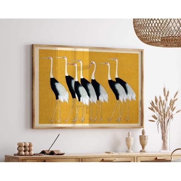 Yellow Crane Japanese Cranes Wall Art Print, Unframed Paper Poster 24x36in