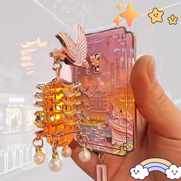 Yellow Crane Tower Luminous Lantern Refrigerator Magnet, Architecture Fridge Decoration, 3D Alloy Landmark Souvenir & Holiday Decor, LED Light Crane Streamer Home Kitchen Décor(Pink)