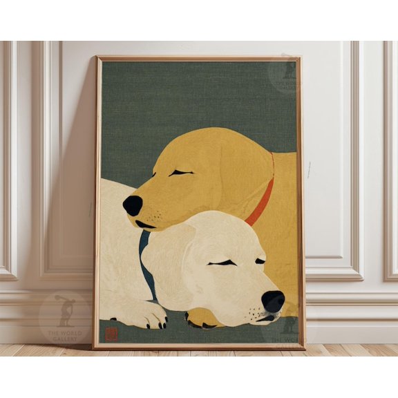 Yellow Cream Labrador Japanese Woodblock Animal Teal Green Wall Art, Unframed Paper Poster 24x36in