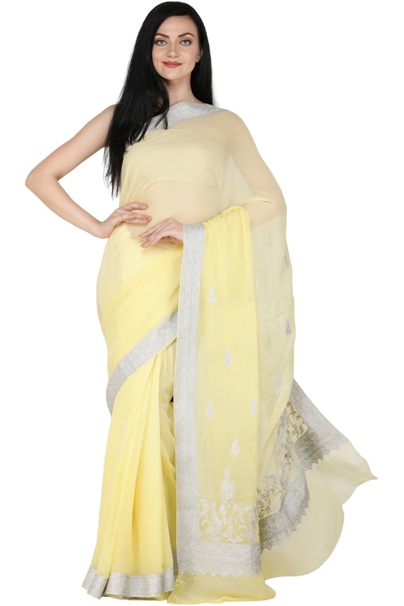 Yellow-Cream Saree from Kashmir with Silver Zari Thread Embroidered Border