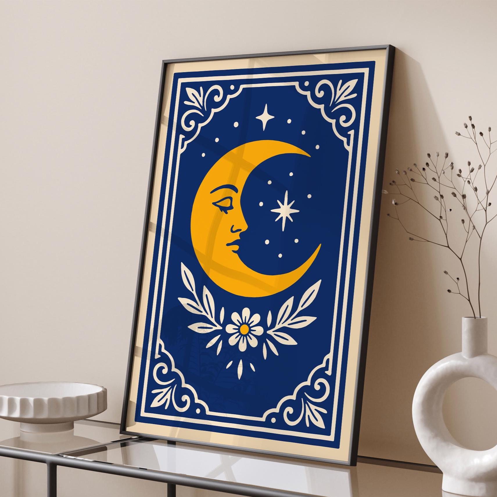 Yellow Crescent Moon Poster, Vintage Celestial Wall Art UNFRAMED Poster ...