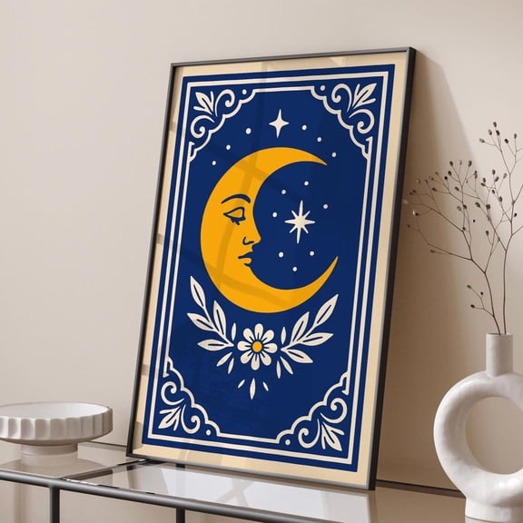 Yellow Crescent Moon Vintage Celestial Wall Art Poster, Stretched Canvas 8x10in