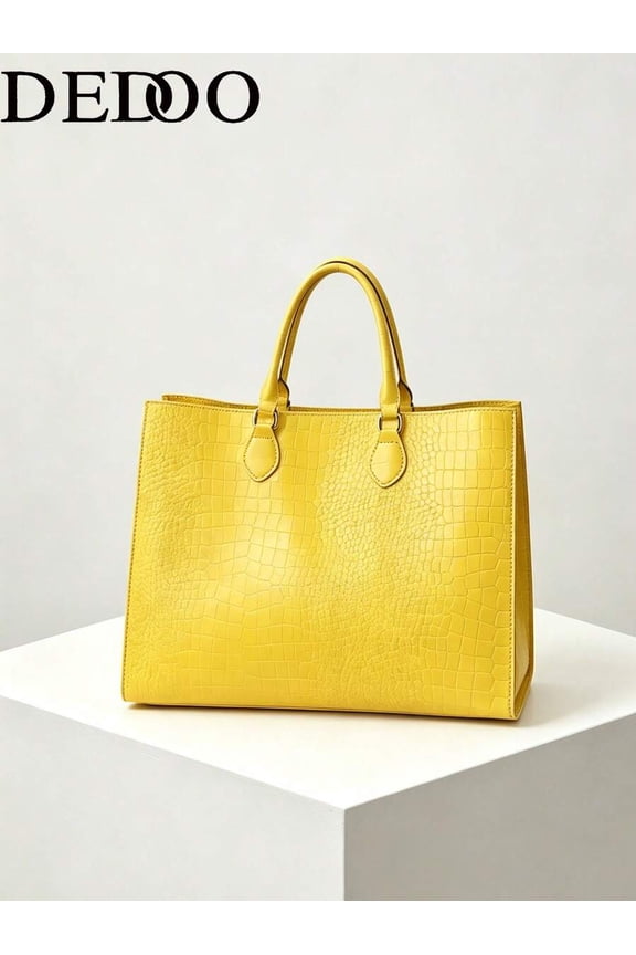 Yellow Croc-Embossed Oversized Tote Handbag For Daily Work And Travel