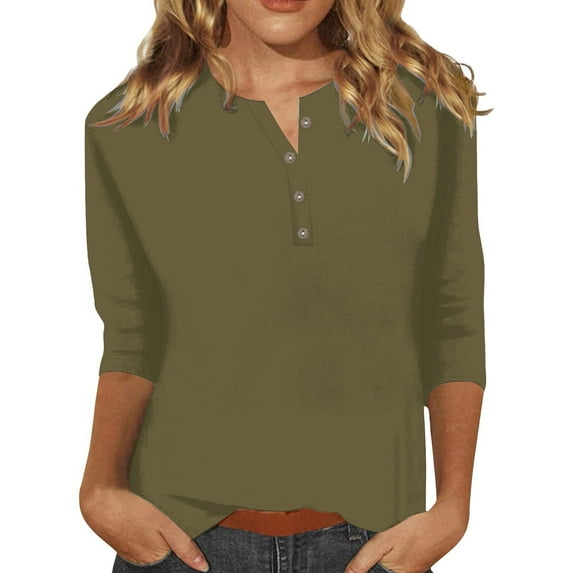 Yellow Crop Graphic Tees for Women, 3/4 Sleeve Summer Blouses for Women 2024, Work Polyester Graphic Tees for Women, Women's Fashion Button Up Three Quarter Sleeve Solid Color T Shirt Top