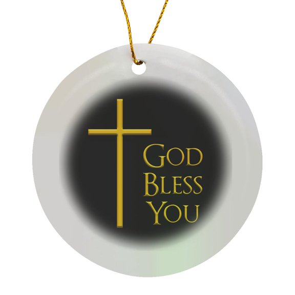3drose, Yellow Cross, Black Background. God Bless You Text. Positive Gift, Circle Porcelain Ornament