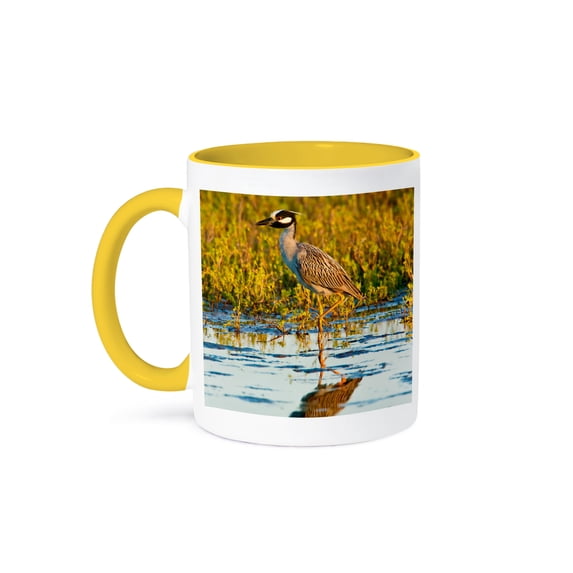 3drose, Yellow-crowned Night-heron, Nyctanassa Violacea, Wading in Salt Marsh., 15oz Two-tone Yellow Mug