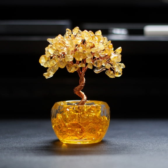 Yellow Crystal Chip Tree Decor, 108-Stone Gemstone Tree with Copper Wire Branches, Small Decorative Tree for Desk, Shelf, Office & Home