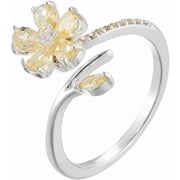 Yellow Crystal Flower Ring Adjustable Open Band Cubic Zirconia Floral Statement Ring Silver Plated Promise Engagement Band Rings Fashion Jewelry for Women