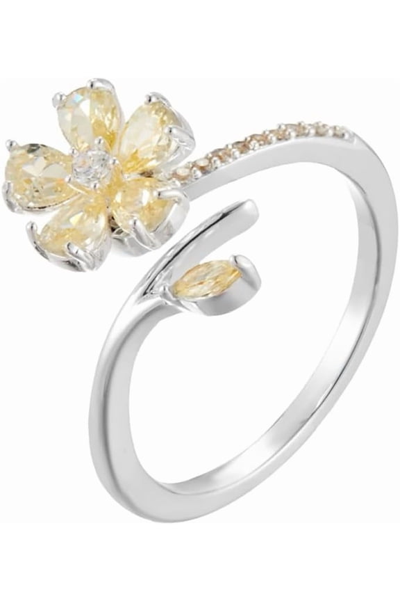 Yellow Crystal Flower Ring Adjustable Open Band Cubic Zirconia Floral Statement Ring Silver Plated Promise Engagement Band Rings Fashion Jewelry for Women