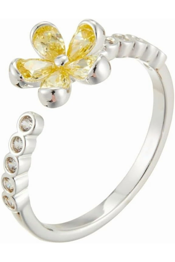 Yellow Crystal Little Flower Ring for Women CZ Daisy Flower Wrap Finger Stacking Ring Promise Eternity Engagment Rings Adjustable Band Dainty Jewelry