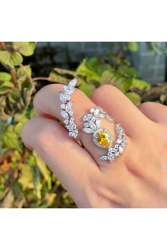 Yellow Cubic Zircon Big Cocktail Party Open Ring Silver Plated Jewelry Accessory