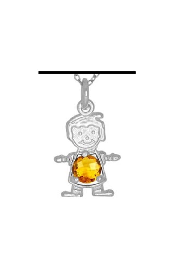 Yellow Cubic Zirconia November Birthstone Boy Flat Charm Rhodium Plated Sterling Silver