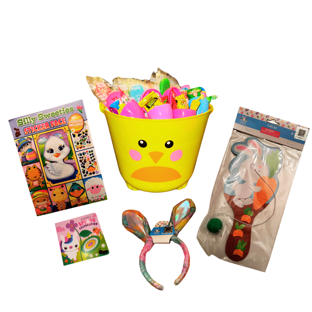 Yellow Custom Prefilled Easter Basket 44 Pieces, Candy Treats Toys Activity Books, All Youth